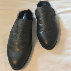 1. State mules black furry and leather